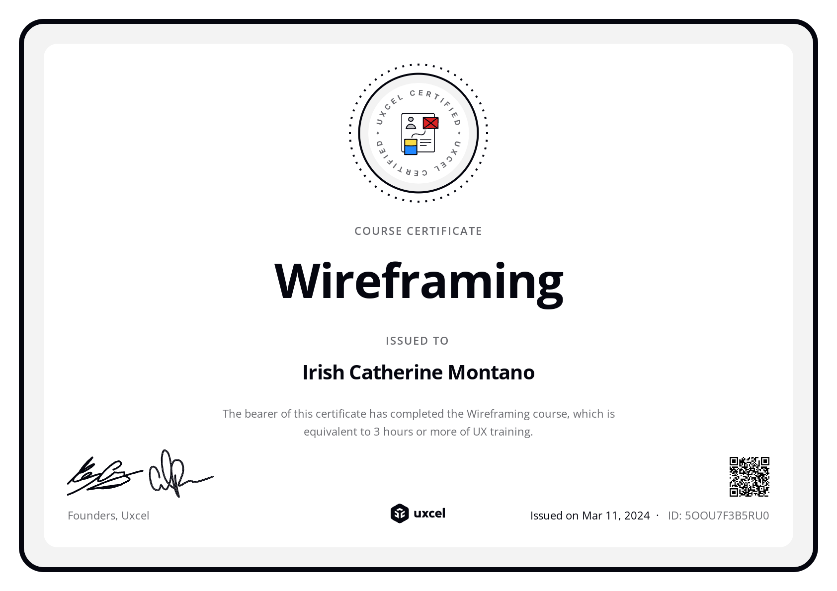Irish Catherine Montano's certificate